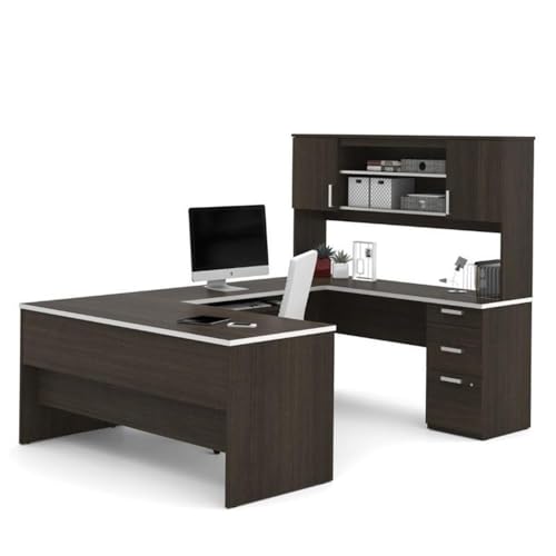 Pemberly Row U Shaped Modern Executive Computer Desk with Pedestal and Hutch in Brown Chocolate Pemberly Row