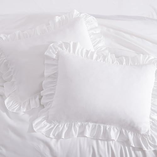 AMBERSPACE Queen Comforter Set White, Ruffle Shabby Chic Bedding Set Farmhouse 7 Pieces, All Season Fluffy Bed in a Bag with Sheets, Pillowcases & Shams AMBERSPACE
