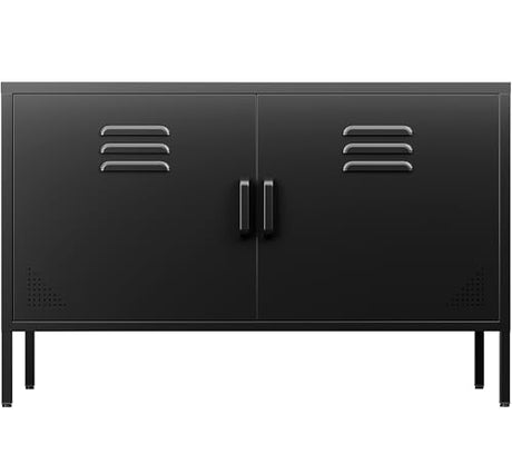 SISESOL Black Metal Storage Cabinet with Doors and Shelves,2 Door Wide Metal Locker Accent Storage Cabinet with Leg & Vent Hole,Wide TV Cabinets,Low Side Cupboard for Home,Office,Dining/Living Room SISESOL