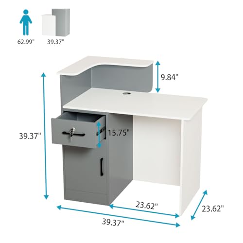HPLWYM L Shaped Reception Desk with Lockable Drawer, Small Front Desk, Office Reception Room Table, Checkout Retail Counter for Office Lobby Cafe Salon (White+Grey, 39.4"(L) x23.6(W) x39.4(H)) HPLWYM