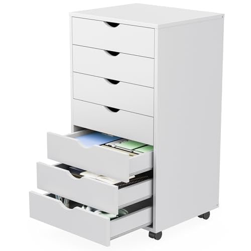 Sweetcrispy 7 Drawer Chest Mobile Storage Cabinets Wooden Dresser with Wheels Room Organization Furniture for Office, Pure White Sweetcrispy