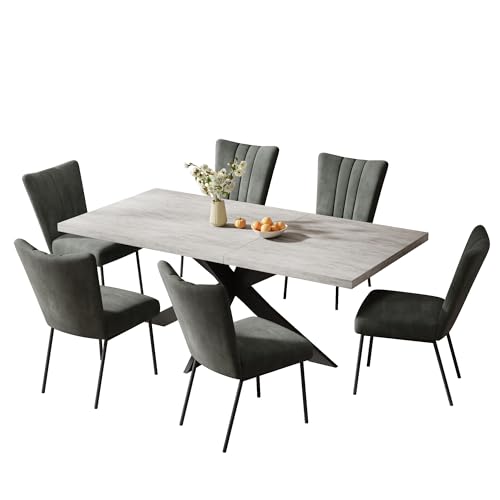 ZckyCine 6-Piece Extendable Dining Table Set, Modern 51''–67'' Grey Wood Table with 6 Black Fabric Chairs, Dining Room Table and Chairs for 6, Ideal for Kitchen or Dining Room ZckyCine