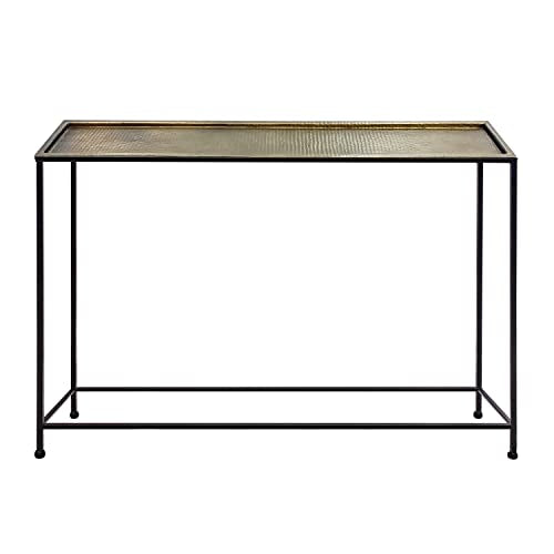 The Urban Port Aurelia 48-Inch Console Sofa Table, Artisanal Hammered Antique Bronze Tray Top, Industrial Black Iron Frame The Urban Port