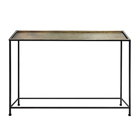 The Urban Port Aurelia 48-Inch Console Sofa Table, Artisanal Hammered Antique Bronze Tray Top, Industrial Black Iron Frame The Urban Port