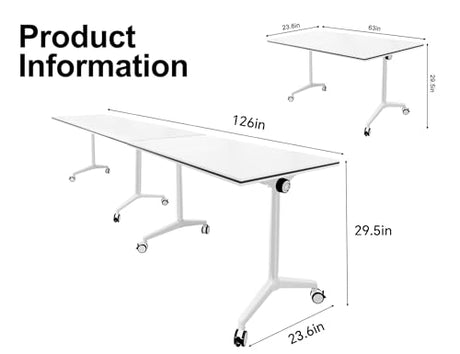 Conference Table 10.5FT Folding Office Computer Desk for Meeting Room, Conference Room Table for 8 People, Study Writing Podcast Tables White Training Tables with Wheels, 2PCS, 126"x23.6"x29.5" Bisonful