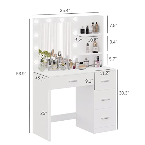 Rovaurx Makeup Vanity Table with Lighted Mirror, Makeup Vanity Desk with Storage Shelf and 4 Drawers, Bedroom Dressing Table, 10 LED Lights, White RSZT104W Rovaurx