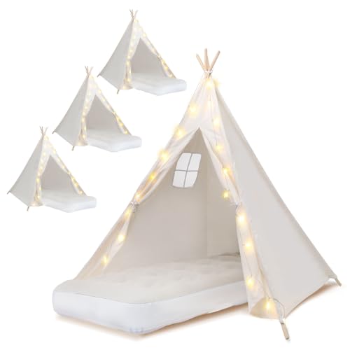 4 Pack Teepee Tent for Kids [Thickened] with Light String and Inflatable Airbed, Slumber Party Tents, Sleepover Tents Party for Girls Boys Indoor Outdoor (White) WOUDY