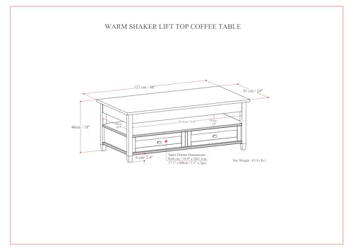 SIMPLIHOME Warm Shaker SOLID WOOD Wide Rectangle Transitional Lift Top Coffee Table for The Living Family Room, 48 inch, Light Golden Brown - WoodArtSupply