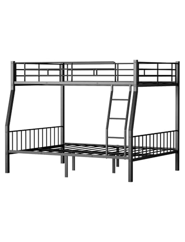 Miscoos Full XL Over Queen Bunk Beds for Adults, Heavy-Duty Metal Bunk Bed Frame with Non-Slip Ladder and Safety Full-Length Guardrails for Kids Teens Adults, Space-Saving, Black