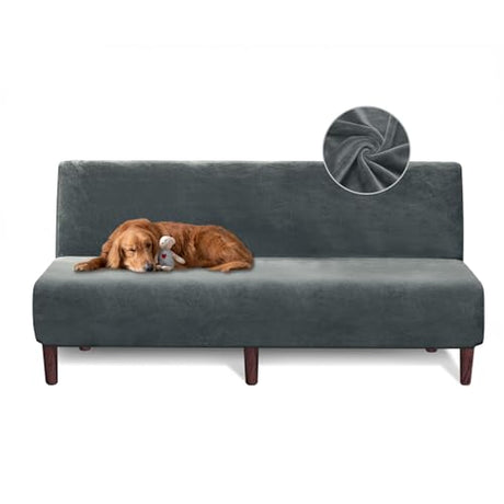 Armless Futon Cover Velvet Futon Slipcover Soft Stretch Couch Covers with No Arm Sofa Bed Cover with Non-Slip Thick Plush Furniture Protector Washable Couch Slipcovers for Living Room(Dark Grey) XIAROGEE