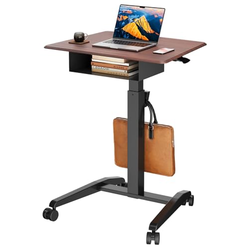 JOY worker Height Adjustable Rolling Laptop Desk with Shelf,Mobile Standing Desk,Pneumatic Mobile Laptop Table with Wheels for Couch Home Office School,Holds Up to 22lbs,Dark Walnut JOY worker