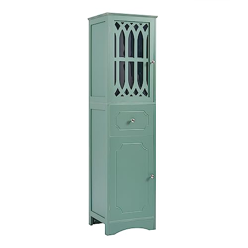 Merax Tall Storgae Cabinet Linen Tower with Adjustable Shelf, Drawer and Door, Freestanding Cupboard for Home, Kitchen or Living Room, Green - WoodArtSupply