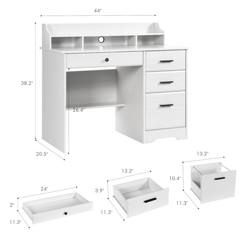 Catrimown Computer Desk with Storage Drawers and Hutch, 44 Inch Home Office Desks with 4 Drawers & Monitor Stand for Small Space, Small White Desk Writing Table Study Desks for Bedroom, White Catrimown