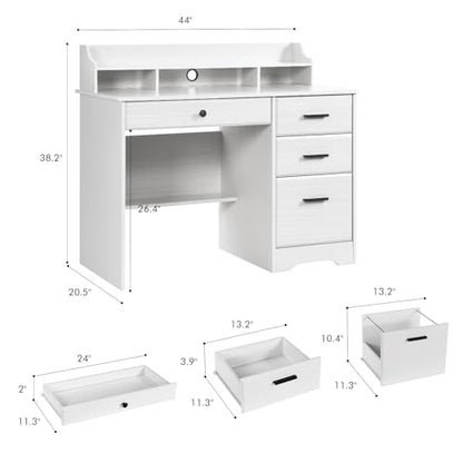 Catrimown Computer Desk with Storage Drawers and Hutch, 44 Inch Home Office Desks with 4 Drawers & Monitor Stand for Small Space, Small White Desk Writing Table Study Desks for Bedroom, White - WoodArtSupply