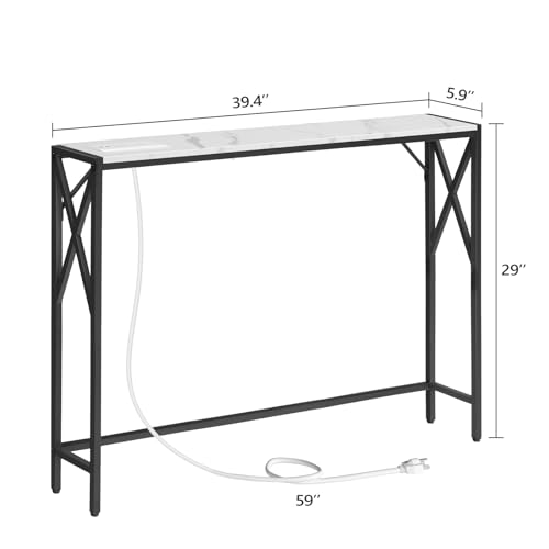 MAHANCRIS 39.4” Narrow Sofa Table with Charging Station, Skinny Console Table, Slim Entryway Hallway Couch Table, for Entrance, Foyer, Living Room, Hallway, Marble CTHM151E01 MAHANCRIS