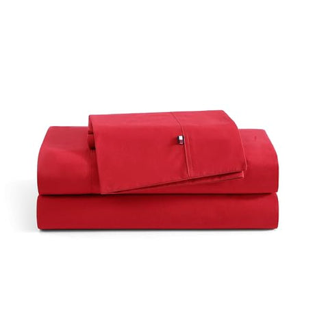 Tommy Hilfiger - Sheet Set, Cotton Percale Bedding with Matching Pillowcases, Crisp & Cool, Solid Home Essentials (Red, Queen) Tommy Hilfiger