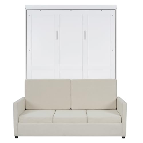 LZ LEISURE ZONE White Full Size Murphy Bed with Sofa - Space-Saving Wall Bed with Comfortable Cushion, Ideal for Home Office, Small Rooms, or Apartments LZ LEISURE ZONE