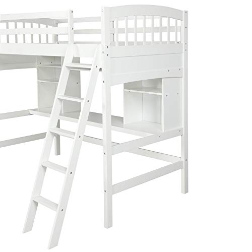 Merax Twin Loft Bed with Desk, Solid Wood Twin Size Loft Bed Frame with Shelves, White Merax