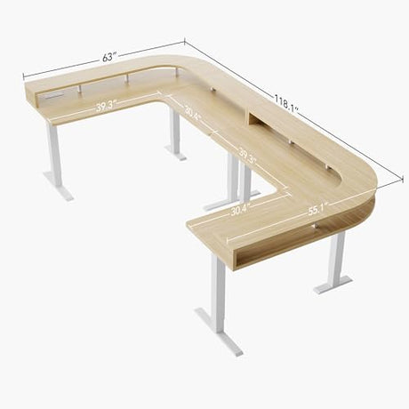 HUANUO U-Shape Standing Desk with LED Strip & Power Outrlets, 2-Tier Height Adjustable Sit Stand up Gaming Desk with Power Strip Holder, Large Computer Table for Home Office, Light Walnut HUANUO