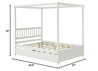 Bellemave Full Size Canopy Bed with Twin Size Trundle, Wood Full Platform Bed with Headboard, Modern 4 Poster Panel Bed for Kids, Teens, Adults. No Box Spring Needed (White)