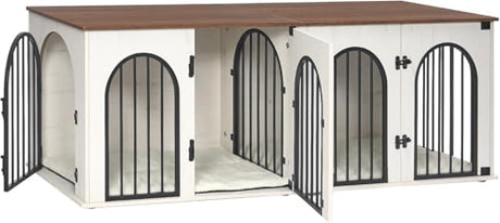 Hzuaneri 71" Dog Crate Furniture for 2 Dogs, Heavy Duty Indoor Dog Kennel TV Stand, XL Wooden Dog Cage with Divider for Medium Large Dogs, End Table Dog Crate with Cushion, White Brown DFC81914B Hzuaneri