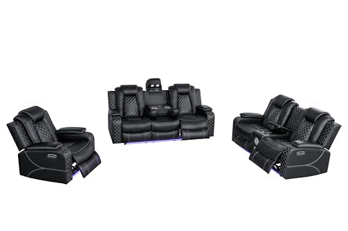 Ball & Cast Power Recliner Sofa Set Leather Reclining Couch Home Theater Seating 3PCS Recliner Couch Loveseat & Chair Sets with Coffee Table,Reading Light,Cup Holders for Home Theater,Living Room