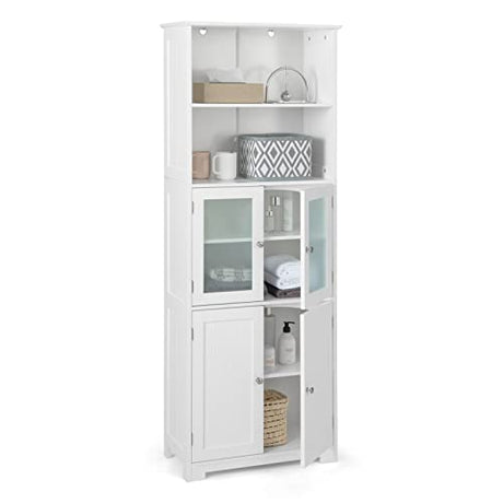 Tangkula Tall Bathroom Storage Cabinet, Freestanding Floor Cabinet w/2 Glass Doors & 2 Open Shelves, 3-Position Adjustable Shelves, Anti-toppling Design, 64” Tall Pantry Cupboard for Kitchen Tangkula