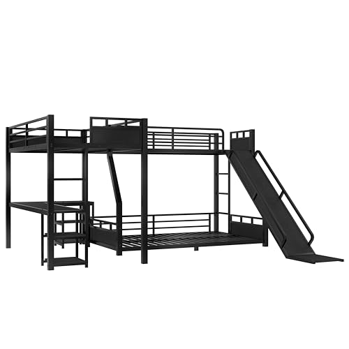 Metal Twin Over Full Bunk Beds with Twin Loft Bed, Heavy Duty Triple Bunk Bed Frame with Slide and Desk,L-Shaped Triple Bunk Beds with Storage Shelves for 3 Kids,Black Bellemave