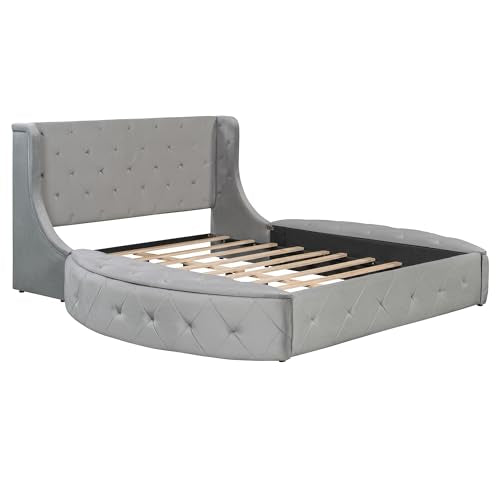 Bellemave Velvet Upholstered Queen Platform Bed with Storage, Queen Size Bed Frame with Headboard, 1 Big Drawer and 2 Side Storage Stool, Strong Wooden Slats/Easy Assembly (Grey) Bellemave