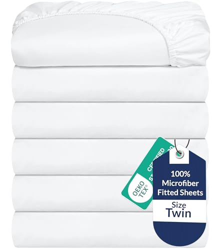 Royale Linens 6 Pack Twin Fitted Sheet Set - Bottom Sheet - Ultra Soft & Breathable - Brushed 1800 Microfiber - Wrinkle & Stain Resistant - Hotel Quality Deep Pocket Stretches Up to 16" (Twin, White) ROYALE LINENS