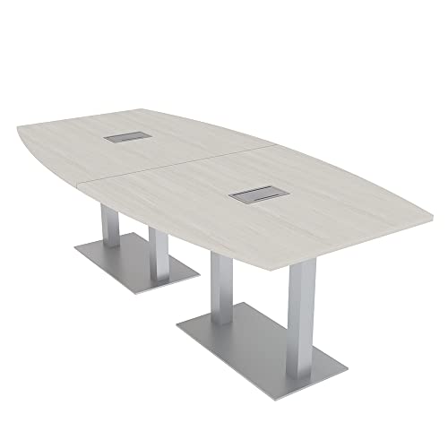 Harmony Series 8 Person Boat Shaped Conference Table with Power & Data | Brushed Silver Square Metal Base Modular Meeting Room Tables for Offices, Training Rooms, and Homes | Lakeland Salt – 8ft SKUTCHI DESIGNS INC.