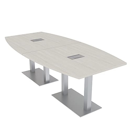 Harmony Series 8 Person Boat Shaped Conference Table with Power & Data | Brushed Silver Square Metal Base Modular Meeting Room Tables for Offices, Training Rooms, and Homes | Lakeland Salt – 8ft SKUTCHI DESIGNS INC.