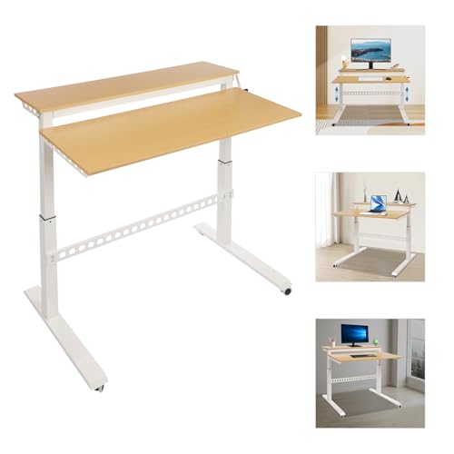 CUBELLIN 2-Tier Rolling Standing Desk with Wheels 15.75in Height Adjustable Hand-Cranked Standing Desk Manual Adjustable Desks for Home Office CUBELLIN