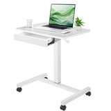 CLATINA Mobile Laptop Standing Desk, Height Adjustable Teacher Podium with Lockable Wheels, Adjustable Work Table with Drawer, Computer Cart Overbed Table for Home Office Classroom, White CLATINA