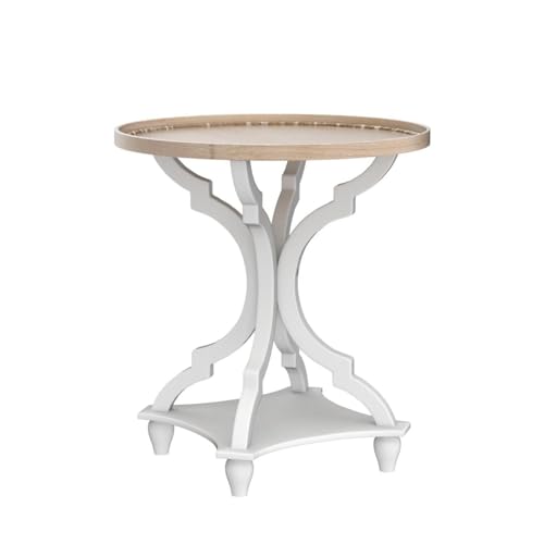 Wnutrees Farmhouse Round Accent End Table, Rustic Side Table Nightstands for Living Room Bedroom, Wood Tray Top, Handcrafted Finish, Set of 2, White Wnutrees