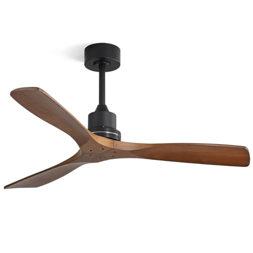 CACI Mall Wood Ceiling Fan no Light,Walnut,52" Ceiling Fan Without Light,with Remote,Solid Wood 3 Blade Ceiling Fans,Bedroom, Living Room, Farmhouse, Porch