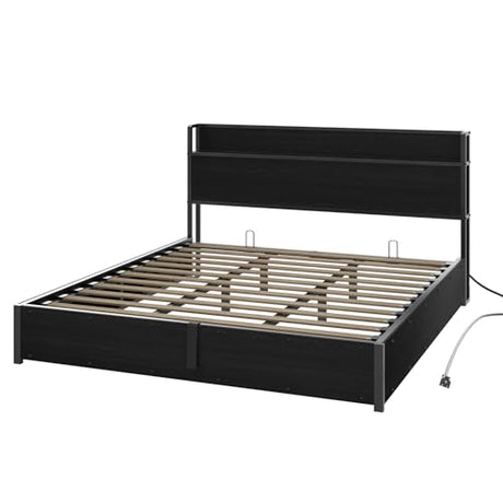 AMERLIFE King Size Lift Up Storage Bed Frame, Wooden Platform Bed Frame with Lifting Storage & Charging Station, No Spring Box Needed/Noise Free, Black AMERLIFE