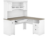 Bush Furniture Fairview L Shaped Desk with Hutch, Drawers and Storage Cabinet Corner Computer Table for Home Office with Pewter Accents, 60W, Shiplap Gray/Pure White Bush Business Furniture