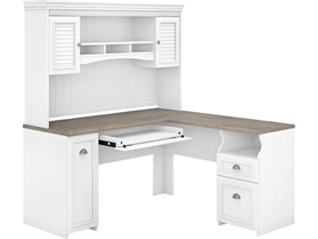 Bush Furniture Fairview L Shaped Desk with Hutch, Drawers and Storage Cabinet Corner Computer Table for Home Office with Pewter Accents, 60W, Shiplap Gray/Pure White Bush Business Furniture