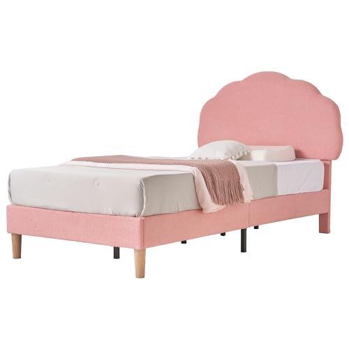VECELO Twin Size Bed Frame, Upholstered Platform Bedframe with Height Adjustable Plush Fabric Headboard, Strong Wood Slat Supports, No Box Spring Needed, Pink VECELO