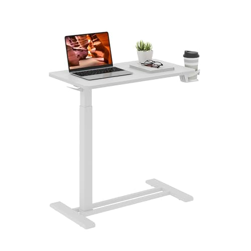 FitStand Medical Overbed Adjustable Bedside Table with Hidden Casters, Mobile Pneumatic Rolling Laptop Standing Desk with Tray for Home & Hospital Use, White Table Top + White Edging FitStand