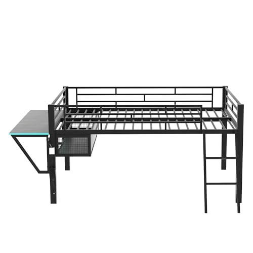 Urunqi Full Size Metal Loft Bed with Integrated Gaming Desk and Storage Solutions for Kids and Teens - WoodArtSupply