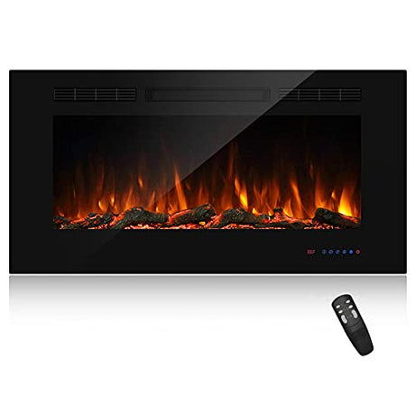 Masarflame 42" Recessed Electric Fireplace Insert, 5 Flame Settings, Log Set or Crystal Options, Temperature Control by Touch Panel & Remote, 750/ 1500W Heater, Black Masarflame