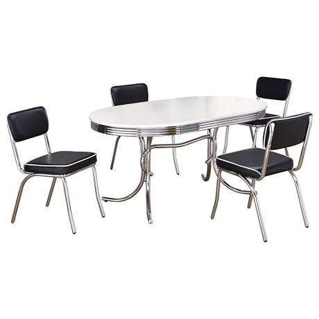 Coaster Home Furnishings Retro 1950s Soda Fountain Diner 5-Piece Dining Room Set Oval Table White Laminate Top Black Faux Leather Upholstered Dining Side Chairs Sturdy Steel Chrome Base 2065-S5 Coaster Fine Furniture