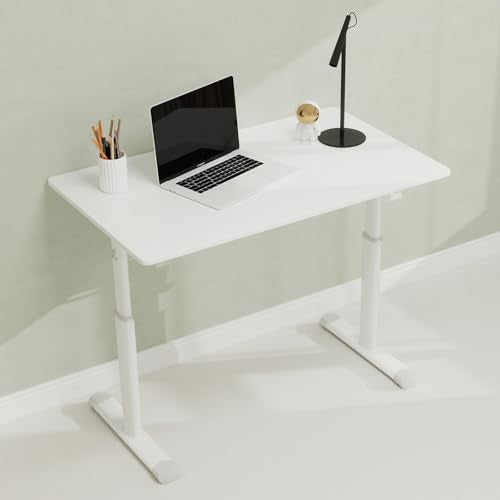 Penau Adjustable Height Standing Desk, Manual Crank Sit Stand Computer Desk, Minimalist White Engineered Wood Top, White Iron Double Column Frame, 39.37 x 23.62 x 35.43 Inchs Penau