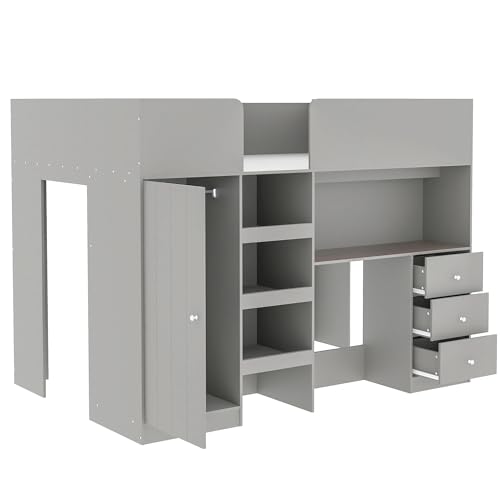 Harper & Bright Designs Full Size Loft Bed with Desk, Wood Full Loft Bed Frame with Built-in Wardrobe, Storage Shelves and Drawers, Gray Harper & Bright Designs