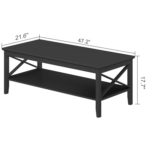 ChooChoo Oxford Coffee Table with Thicker Legs, Black Wood Coffee Table with Storage for Living Room, 47 inch ChooChoo