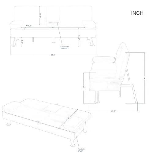 Anwick Convertible Folding Futon Sofa Bed,Modern PU Leather Sleeper Love Seat with 3 Reclining Backrest & Cup Holders,67" Comfy Sofa Couches for Living Room Small Home Office (Black) Anwick