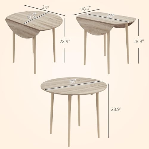 HOMCOM 35" Round Folding Dining Table, Collapsible Drop Leaf Table for Small Spaces, Small Kitchen Table with Solid Wood Legs for Dining Room, Oak HOMCOM