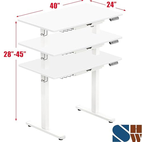 SHW 40-Inch Electric Height Adjustable Standing Desk with Drawer, Memory Preset and Cable Management Tray, White SHW